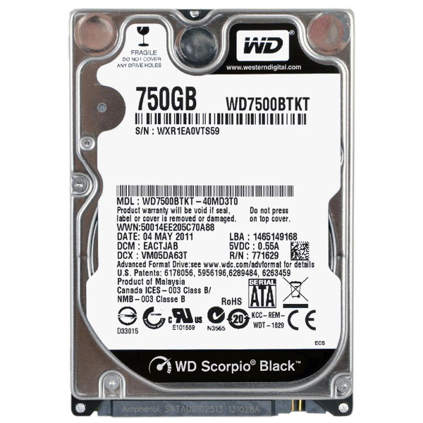WD7500BTKT | Western Digital | Scorpio Black 750GB 7200RPM SATA 3GB/s 16MB Cache 2.5-inch Hard Drive