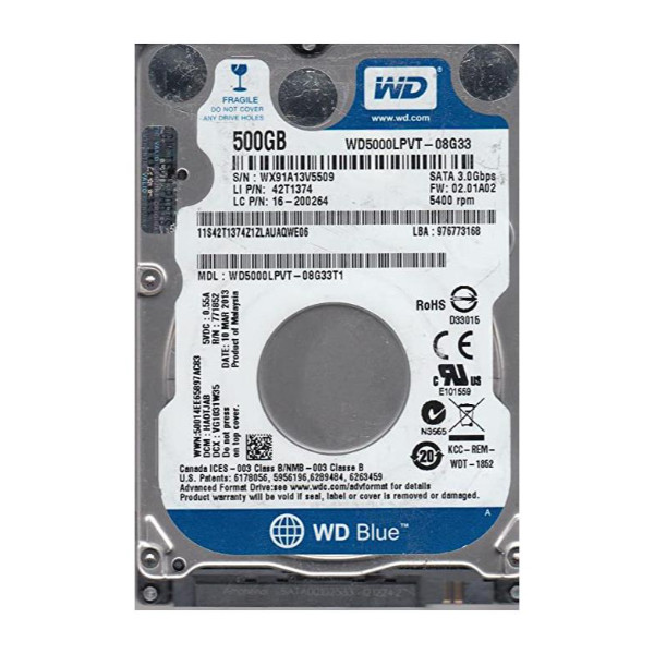 WD5000LPVT-08G33T1 | Western Digital | Scorpio Blue 500GB 5400RPM SATA 3.0GB/s 8MB Cache 2.5-inch Hard Drive