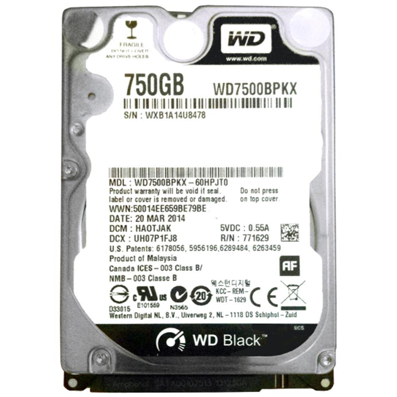 WD7500BPKX-60HPJT0 | Western Digital | Black 750GB 7200RPM SATA 6GB/s 16MB Cache 2.5-inch Hard Drive