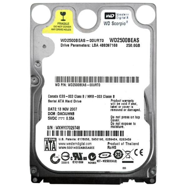 WD2500BEAS | Western Digital | Scorpio Blue 250GB 5400RPM SATA 2MB Cache 2.5-inch Hard Drive