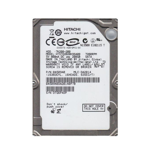 0A50940 | HITACHI | TRAVELSTAR 7K200 200GB 7200RPM SATA 1.5GBPS 16MB CACHE 2.5-INCH HARD DRIVE