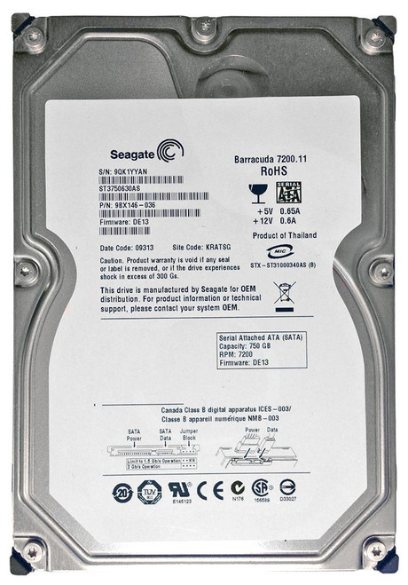 ST3750630AS | Seagate | BarraCuda 750GB 7200RPM SATA 3GB/s 16MB Cache 3.5-inch Hard Drive