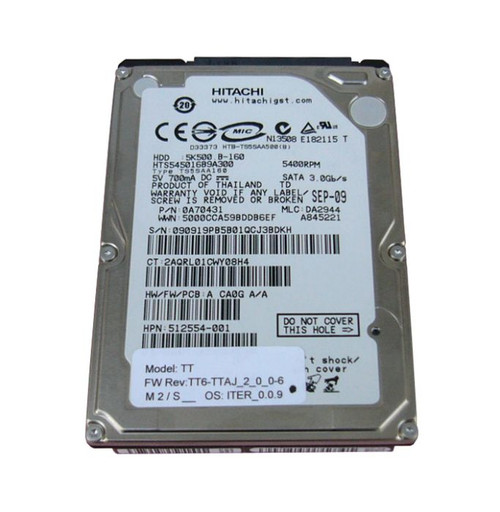 512554-001 | HP | 160GB 5400RPM SATA 3GB/S 8MB CACHE 2.5-INCH HARD DRIVE