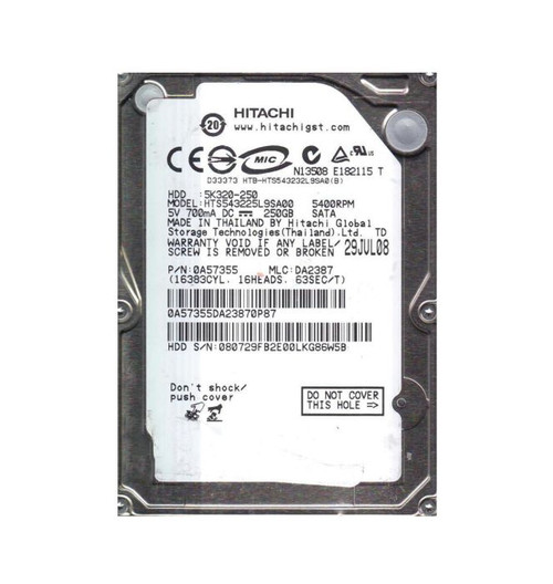 0A57355 | HITACHI | TRAVELSTAR 5K320 SERIES 250GB 5400RPM SATA 1.5GB/S 8MB CACHE (512) 2.5-INCH HARD DRIVE