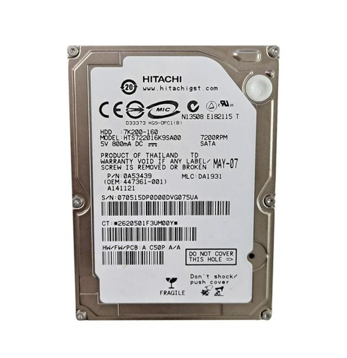0A53439 | HITACHI | 160GB 7200RPM SATA 1.5GB/S 16MB CACHE 2.5-INCH HARD DRIVE