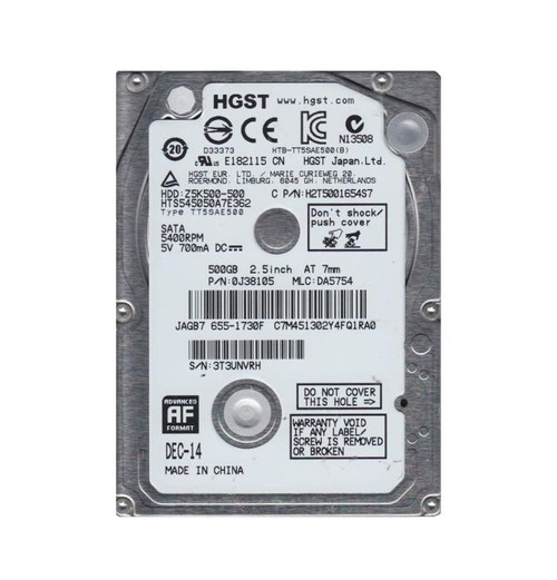 0J38105 | HGST | TRAVELSTAR Z5K500 SERIES 500GB 5400RPM SATA 3GB/S 16MB CACHE 2.5-INCH HARD DRIVE