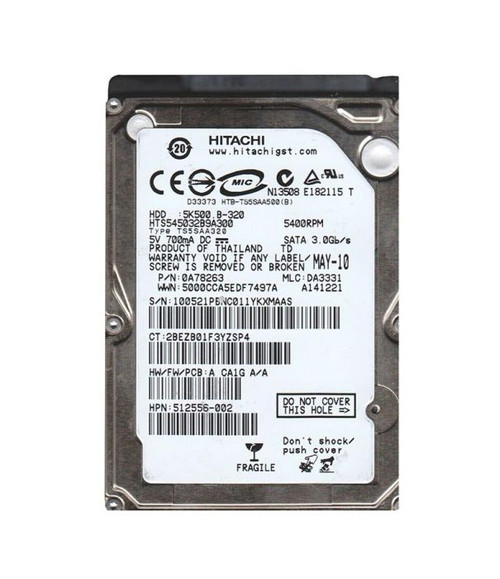 0A78263 | HITACHI | TRAVELSTAR 5K500.B SERIES 320GB 5400RPM SATA 3GB/S 8MB CACHE 2.5-INCH HARD DRIVE