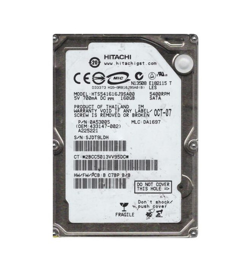 0A53005 | HITACHI | TRAVELSTAR 5K160 SERIES 80GB 5400RPM SATA 1.5GB/S 8MB CACHE 7-PIN 2.5-INCH HARD DRIVE
