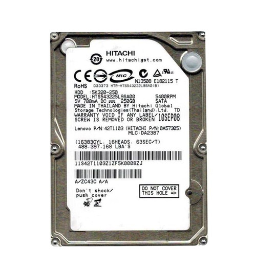 HTS543225L9SA00 | HITACHI | TRAVELSTAR 5K320 SERIES 250GB 5400RPM SATA 1.5GB/S 8MB CACHE (512) 2.5-INCH HARD DRIVE