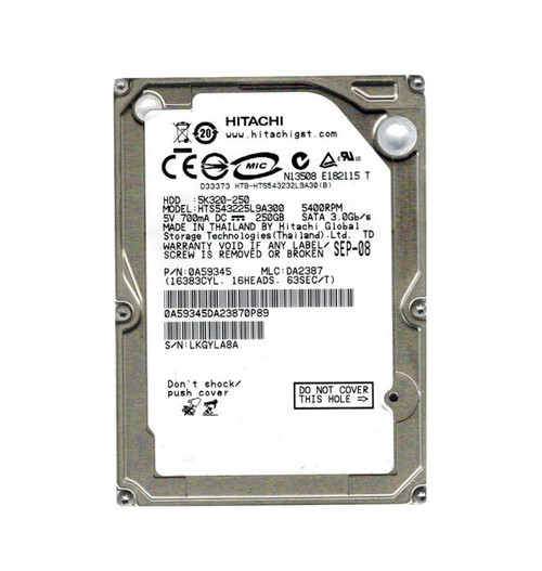 0A59345 | HITACHI | TRAVELSTAR 5K320 SERIES 250GB 5400RPM SATA 3GB/S 8MB CACHE (512) 2.5-INCH HARD DRIVE