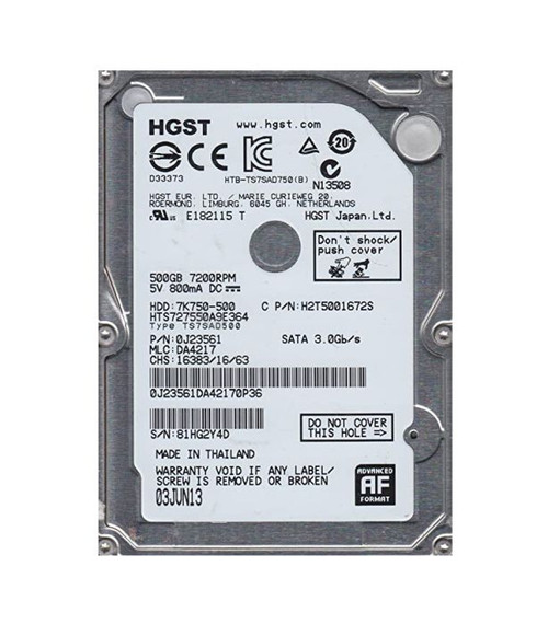 0J23561 | HGST | TRAVELSTAR 7K750 SERIES 500GB 7200RPM SATA 3GB/S 16MB CACHE 512E 2.5-INCH HARD DRIVE