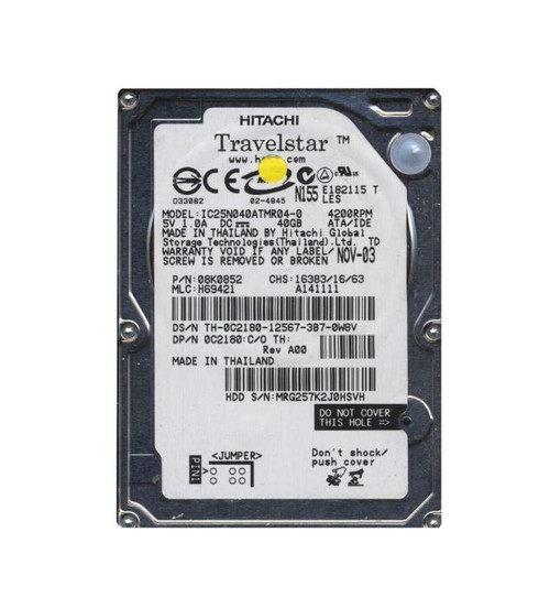 08K0852 | HITACHI | TRAVELSTAR 80GN SERIES 40GB 4200RPM IDE ULTRA ATA/100 (ATA-6) 8MB CACHE 2.5-INCH HARD DRIVE 08K0852 | HITACHI | TRAVELSTAR 80GN SERIES 40GB 4200RPM IDE ULTRA ATA/100 (ATA-6) 8MB CACHE 2.5-INCH HARD DRIVE