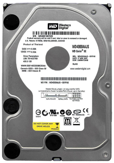 WD4000AAJS | Western Digital | Caviar Blue 400Gb 7200Rpm Sata 3Gbps 8Mb Cache 3.5-Inch Internal Hard Drive