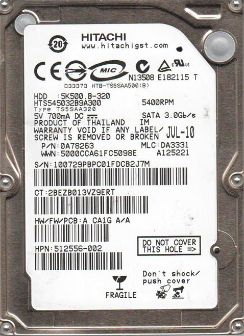 HTS545032B9A300 | Hitachi |Hgst  Travelstar 5K500.B 320Gb 5400Rpm Sata 3Gbps 8Mb Cache 2.5-Inch Internal Hard Drive