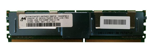 MT9HTF6472FY-667D4D3 | Micron | 512MB PC2-5300 DDR2-667MHz ECC Fully Buffered CL5 240-Pin DIMM Single Rank Memory Module