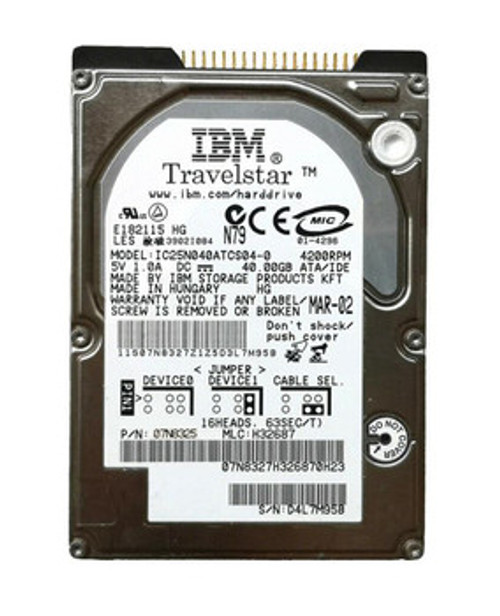 07N8325-20PK | IBM | Travelstar 40GN 20GB 4200RPM ATA-100 2MB Cache 2.5-inch Internal Hard Drive (20-Pack)