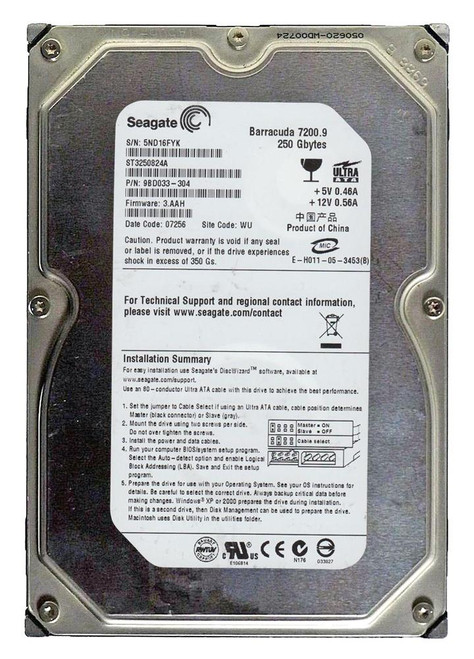ST3250824A | Seagate | BarraCuda 7200.9 250GB 7200RPM Ultra ATA-100 8MB Cache 3.5-inch Hard Drive