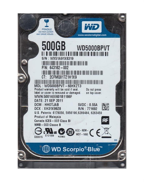 WD5000BPVT-60HXZT3 | Western Digital | Scorpio Blue 500GB 5400RPM SATA 3.0GB/s 8MB Cache 2.5-inch Hard Drive