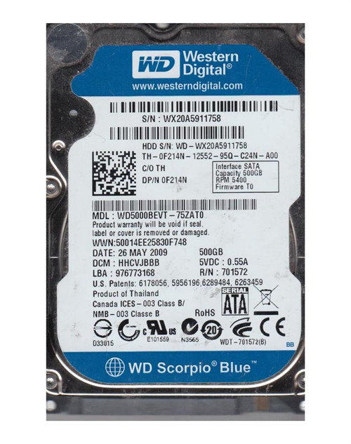 WD5000BEVT-75ZAT0 | Western Digital | Scorpio Blue 500GB 5400RPM SATA 3.0GB/s 8MB Cache 2.5-inch Hard Drive