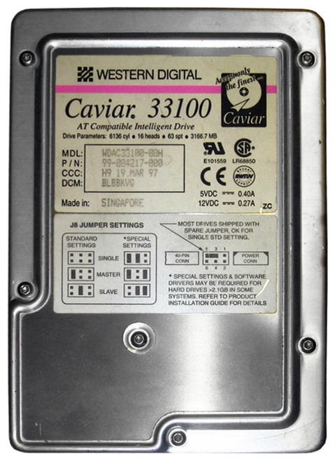 WDAC33100-00H | Western Digital | Caviar 3.1GB 5200RPM ATA/IDE 128KB Cache 3.5-inch Hard Drive WDAC33100-00H | Western Digital | Caviar 3.1GB 5200RPM ATA/IDE 128KB Cache 3.5-inch Hard Drive