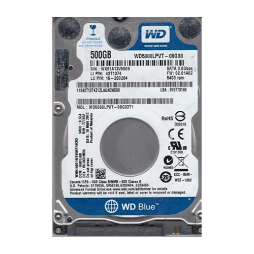 WD5000LPVT-08G33T1 | Western Digital | Scorpio Blue 500GB 5400RPM SATA 3.0GB/s 8MB Cache 2.5-inch Hard Drive