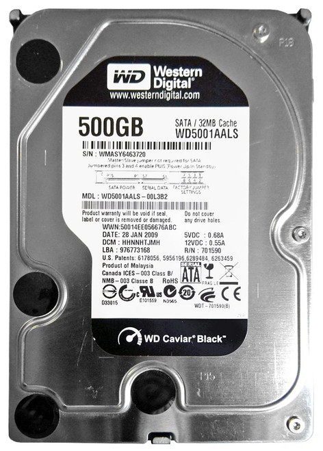 WD5001AALS-00L3B2 | Western Digital | Caviar Black 500GB 7200RPM SATA 3GB/s 32MB Cache 3.5-inch Hard Drive