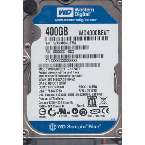 WD4000BEVT-11ZAT0 | Western Digital | Scorpio Blue 400GB 5400RPM SATA 3GB/s 8MB Cache 2.5-inch Hard Drive