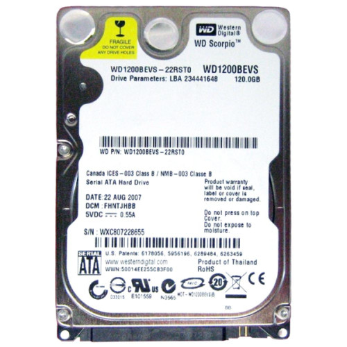 WD1200BEVS-22RST0 | Western Digital | Scorpio 120GB 5400RPM SATA 1.5GB/s 8MB Cache 2.5-inch Hard Drive