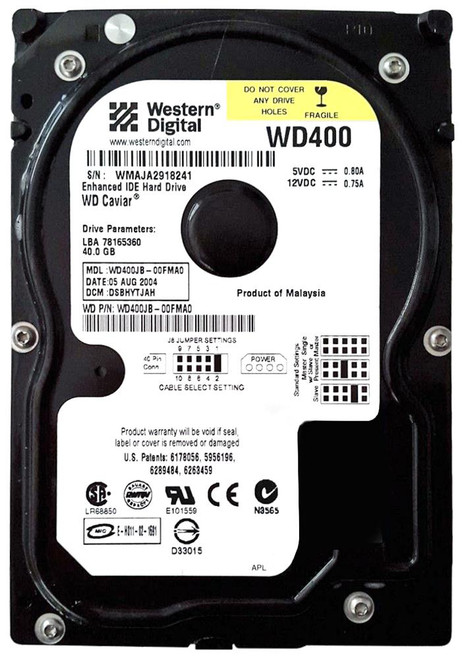 WD400JB | Western Digital | Caviar 40GB 7200RPM EIDE Ultra DMA/ATA-100 8MB Cache 40-Pin 3.5-inch Hard Drive