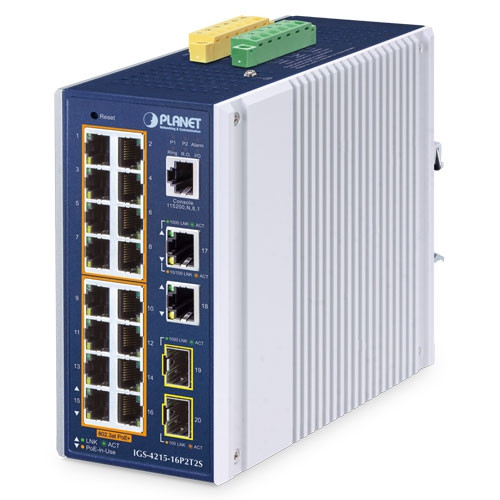 IGS-4215-16P2T2S | Planet | 16-Port Gigabit PoE+ Industrial Switch