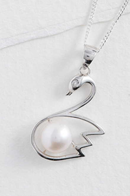 close up of Silver Swan & Pearl Pendant 