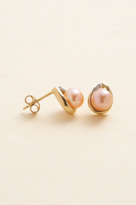 Pink Pearl & Diamond Gold Earrings