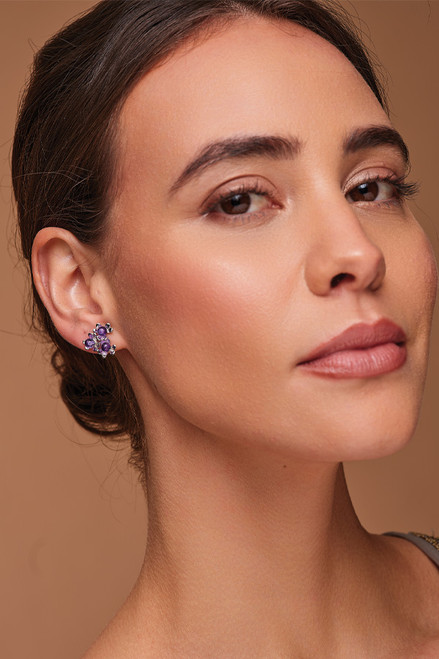 Model wearing Triple Amethyst Earring Studs
