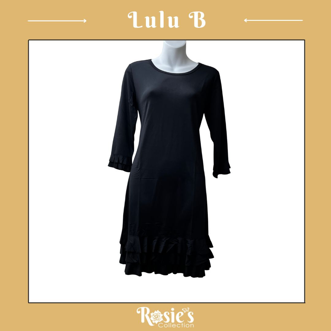 LuluB SPX4494 Black 3/4 Sleeve Ruffle Dress S