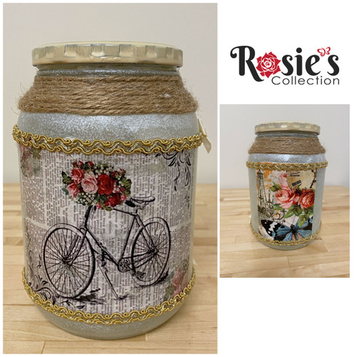 Handmade Artistic Glass Candle Bike on one side, roses on the other Table Décor