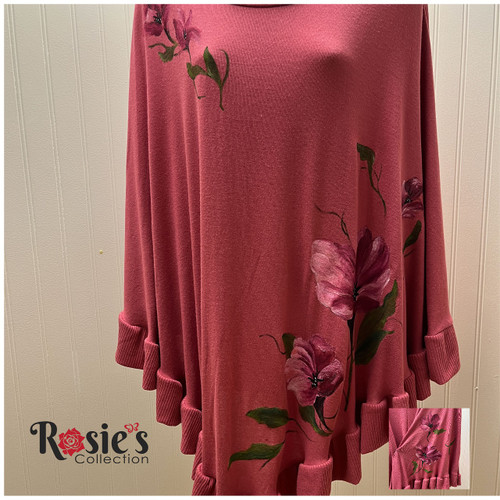 Apparel Designs by Bobbie Cropp - Rose Colored Poncho with Pink Flowers and Green Leaves - Size S/M Apparel Designs by Bobbie Cropp - Rose Colored Poncho with Pink Flowers and Green Leaves - Size S/M