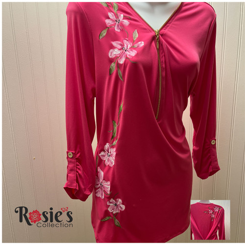 Apparel Designs by Bobbie Cropp - Pink Zip shirt with Pink Flowers - Size XL Apparel Designs by Bobbie Cropp - Pink Zip shirt with Pink Flowers - Size XL