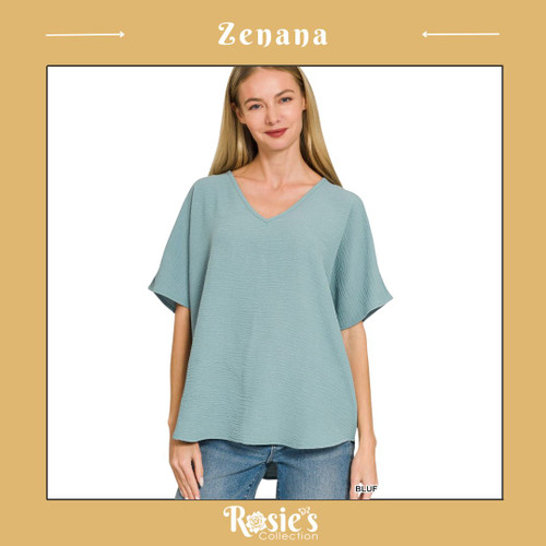 Zenana Woven Airflow V-neck Short Sleeve -Blue/Gry
