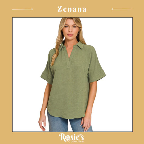 Zenana Woven Airflow Collared V-neck Short Sleeve 