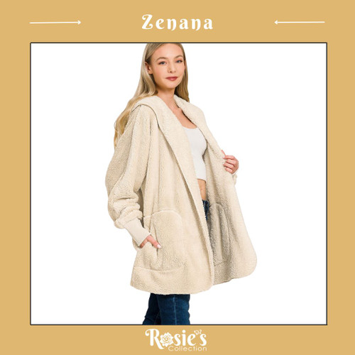 Zenana Hooded Faux Fur Jacket With Pockets Ivory