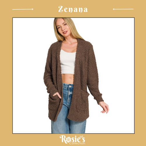 Long Sleeve Popcorn Sweater W/Pocket - Chocolate