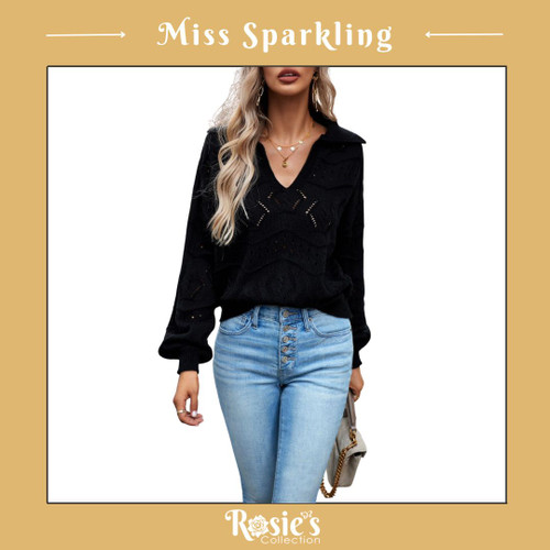 Miss Sparkling Knit Long Slv Polo Sweater- Black