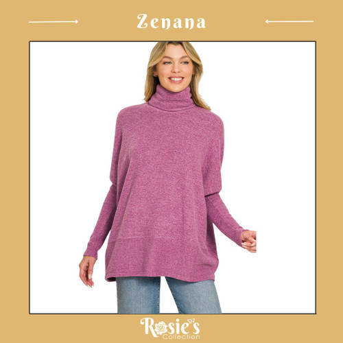 Zenana Brushed Hacci Turtleneck Sweater - Lt Plum