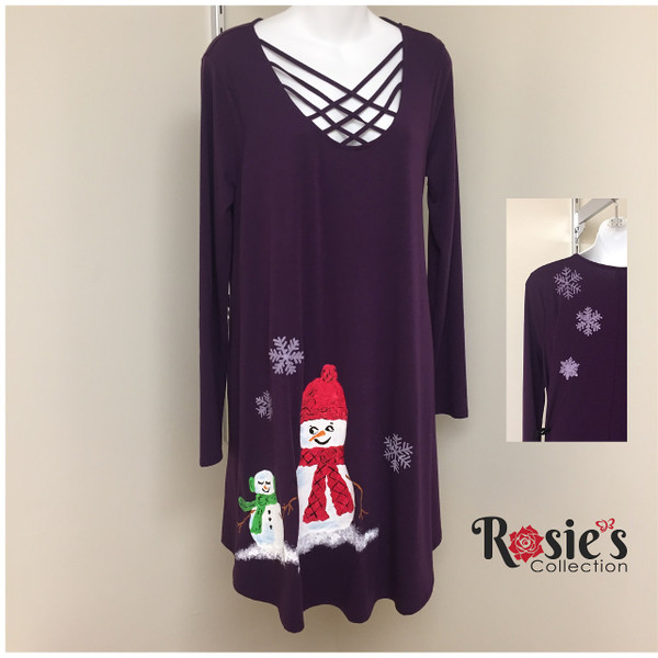Apparel Designs by Bobbie Cropp - Green and Red Scarfed Snowman Dress - XL