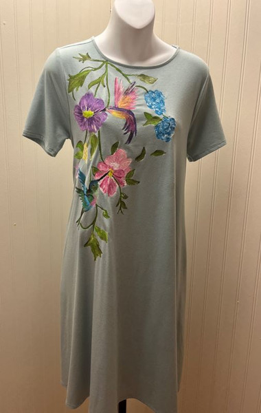 Apparel Designs by Bobbie Cropp - Blue-Grey Dress with Flowers and Hummingbirds - Large
