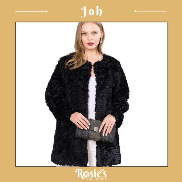 Joh Juju Faux Fur Black Jacket with Rose Detail