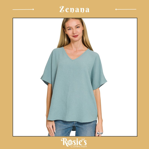 Zenana Woven Airflow V-neck Short Sleeve -Blue/Gry