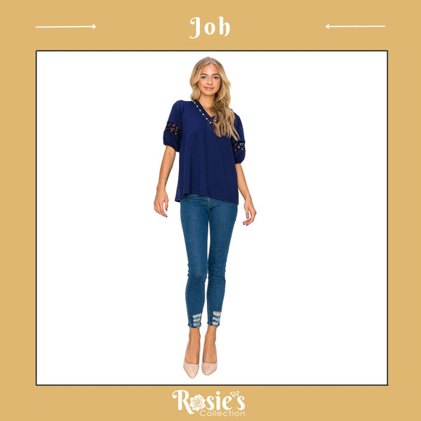 Joh Katrina Pointe Knit Top With Pearls - Navy