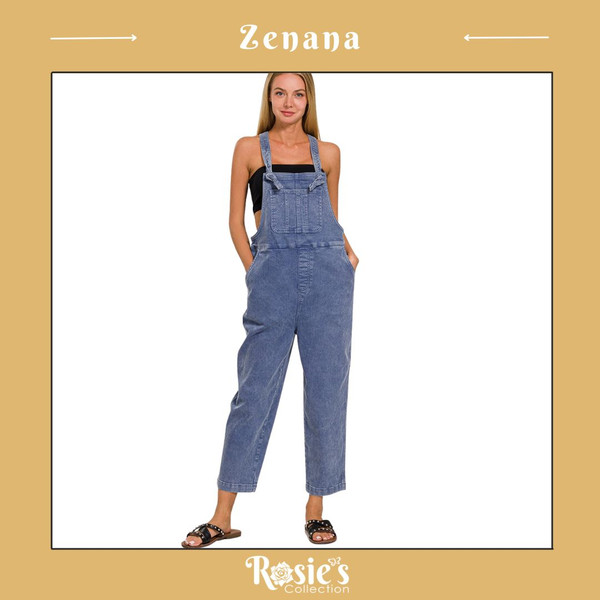Zenana Washed Knot Strap Relaxed Fit Overalls - BB
