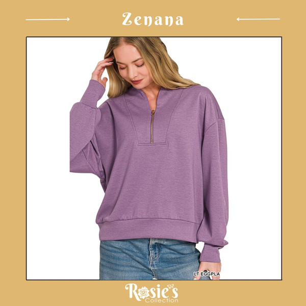 Zenana Scuba Half Zip Pullover - Eggplant
